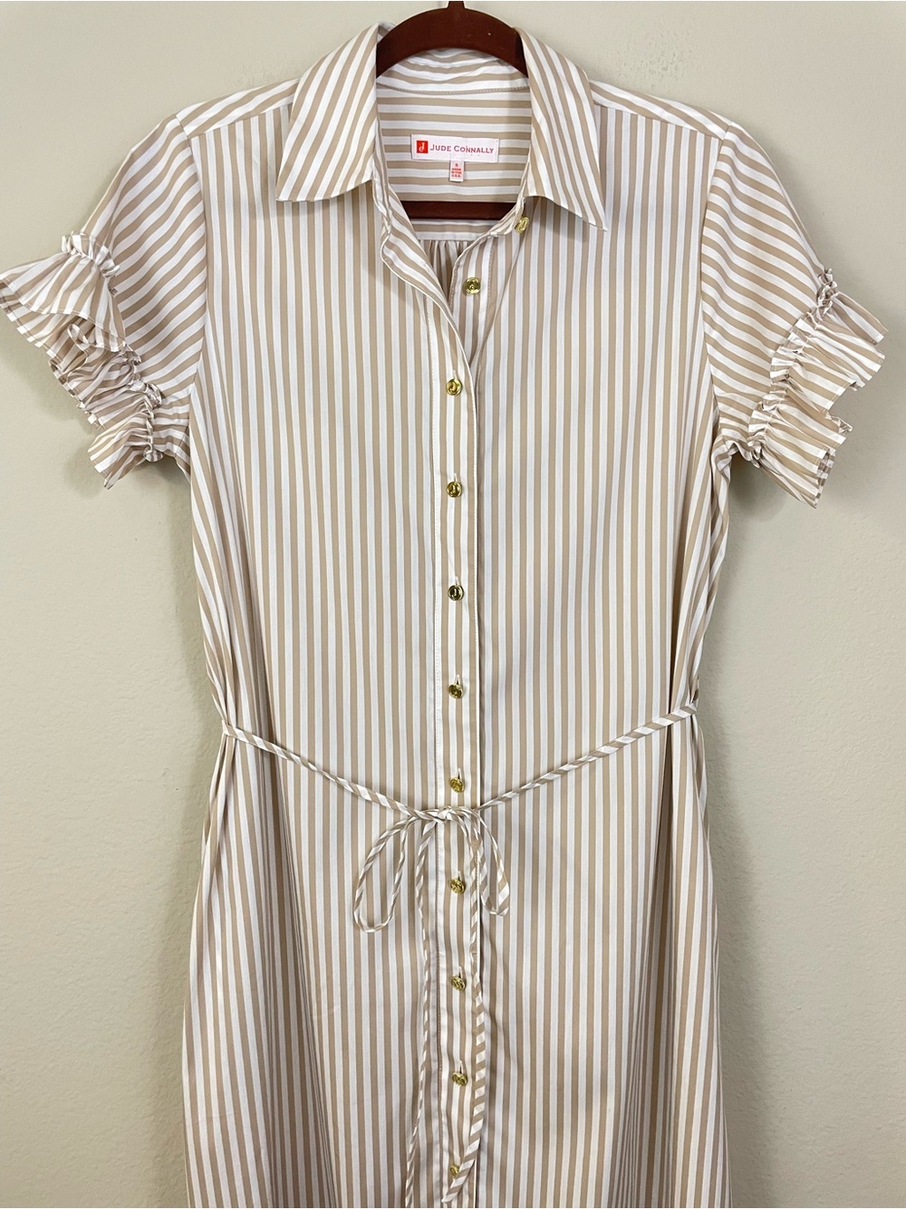 Jude Connally Striped Flutter Sleeves Button Up Tiered Midi Dress Tie Waist S - Picture 5 of 9